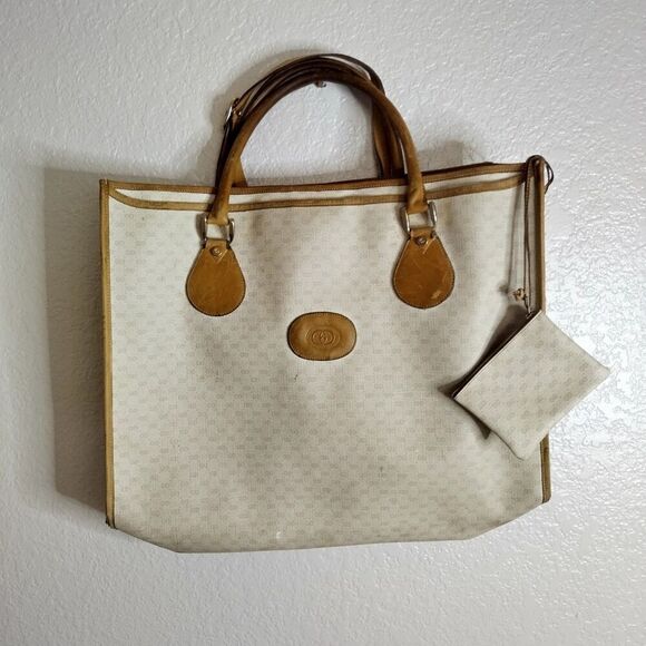 AS IS Gucci Vintage Beige Monogram Canvas Large Tote Bag with Strap - Picture 1 of 16